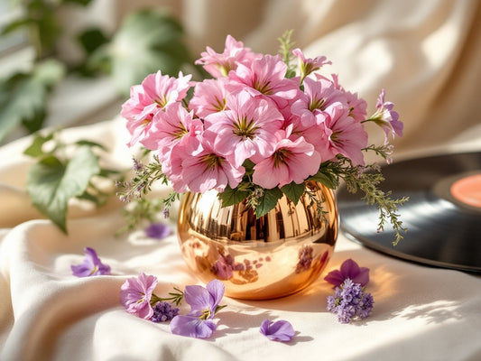 geranium and violet in a copper vase with a record in the background